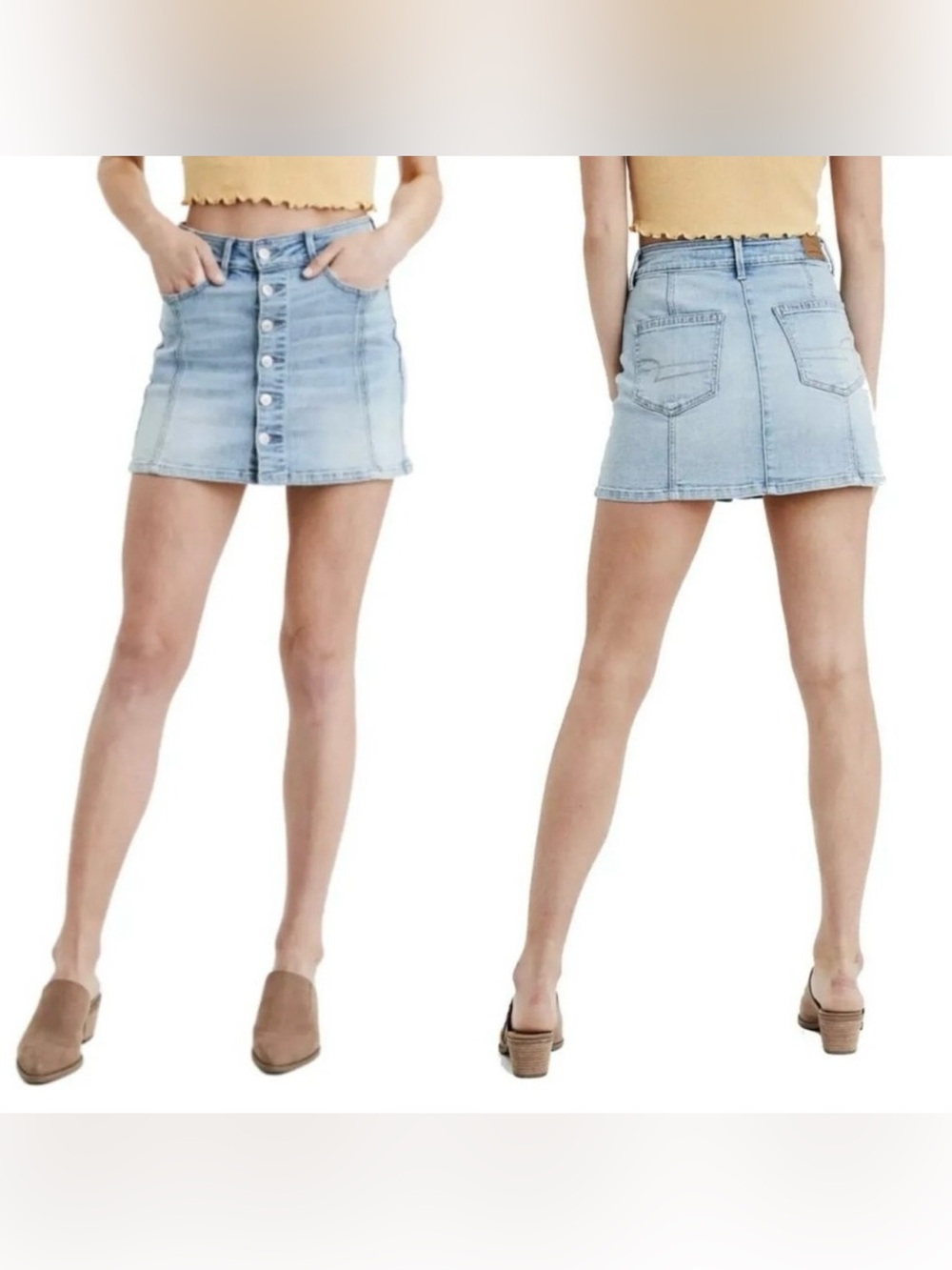 American Eagle High Rise A-Line Y2K Blue Denim Mini Skirt Button Front Size 2